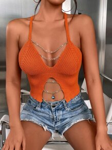 SHEIN Allurite Chain Detail Lace Up Backless Knit Top - Orange - View 6