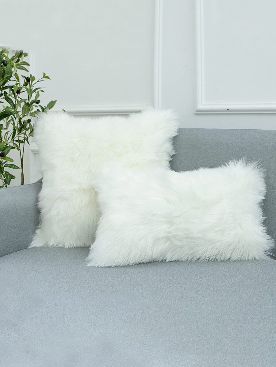 1pc Plush Cushion Cover Without Filler, White Fuzzy Throw Pillow Case, For Sofa, Living Room - White - View 1