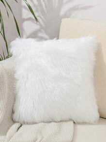 1pc Plush Cushion Cover Without Filler, White Fuzzy Throw Pillow Case, For Sofa, Living Room - White - View 6