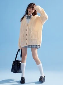 ROMWE J-Fashion 纯色正面纽扣开衫，学校 - 杏色 - 查看 2
