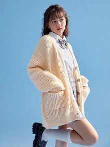 ROMWE J-Fashion 纯色正面纽扣开衫，学校 - 杏色 - 查看 3