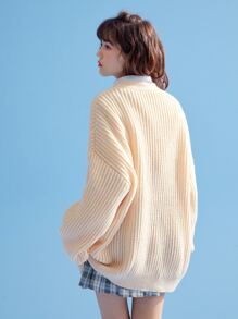 ROMWE J-Fashion 纯色正面纽扣开衫，学校 - 杏色 - 查看 4