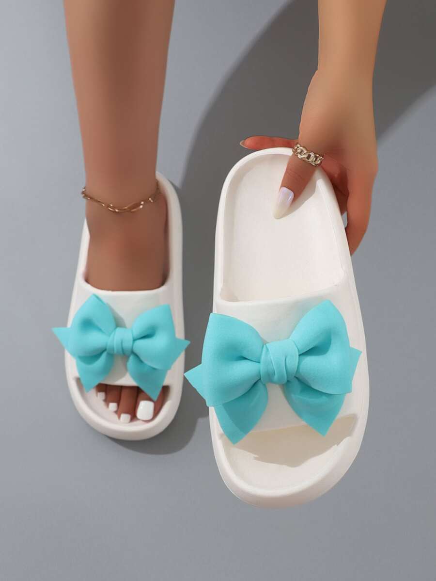 Bow Decor Single Band Slides - White - View 1