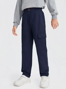 SHEIN 男孩100%棉翻蓋口袋工裝褲