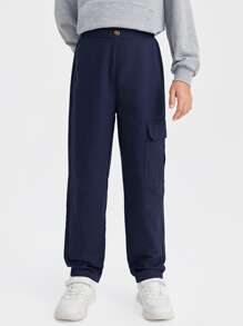 SHEIN 男孩100%棉翻蓋口袋工裝褲