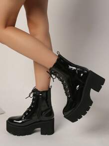 Zipper Side Lace-up Front Wedge Boots, Black Punk Style Solid Color Women's Wedge Heel Platform Boots