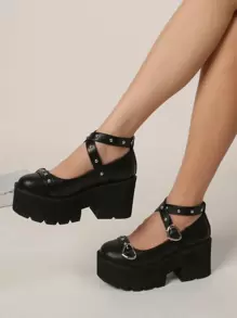 Criss Cross Heart & Studded Decor Platform Mary Jane Shoes Valentines