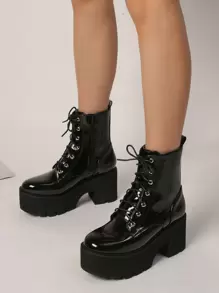 Zipper Side Lace-up Front Wedge Boots, Black Punk Style Solid Color Women's Wedge Heel Platform Boots