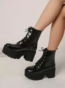Zipper Side Lace-up Front Wedge Boots, Black Punk Style Solid Color Women's Wedge Heel Platform Boots