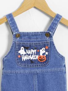 Baby Halloween Ghost & Slogan Graphic Denim Dungarees - Medium Wash - View 4