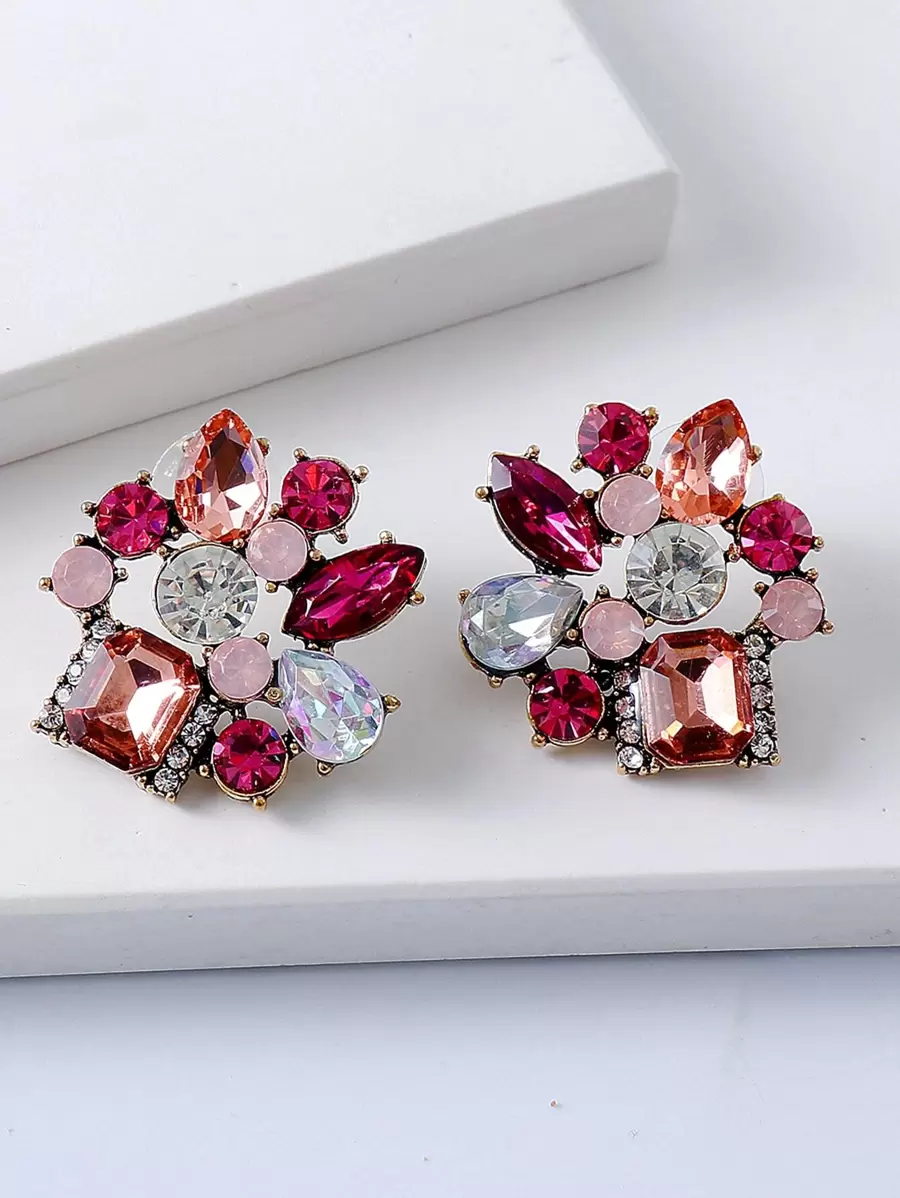 juran Rhinestone Decor Stud Earrings - Pink - View 1