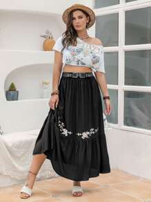 Rusttydustty Falda con bordado floral bajo con fruncido sin cinturón - Negro - Ver 5