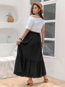 Rusttydustty Falda con bordado floral bajo con fruncido sin cinturón - Negro - Ver 2