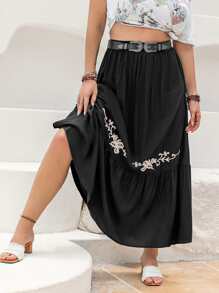 Rusttydustty Falda con bordado floral bajo con fruncido sin cinturón - Negro - Ver 6