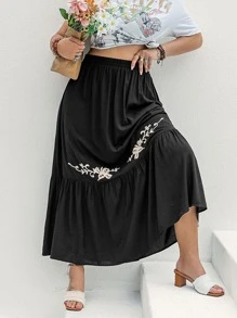 Rusttydustty Falda con bordado floral bajo con fruncido sin cinturón - Negro - Ver 4