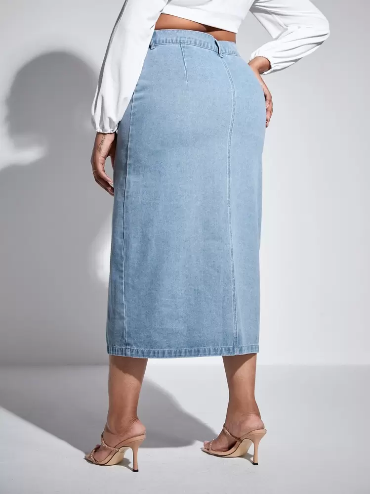 SHEIN SXY váy ngắn denim kích thước lớn Nút phía trước màu trơn - Rửa nhẹ - Xem 2