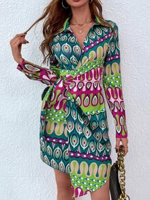 SHEIN LUNE 全身印花系带裹身连衣裙 - 彩色 - 查看 1
