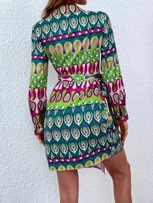 SHEIN LUNE 全身印花系带裹身连衣裙 - 彩色 - 查看 2