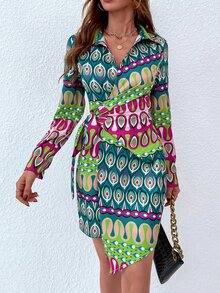 SHEIN LUNE 全身印花系带裹身连衣裙 - 彩色 - 查看 4