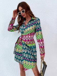 SHEIN LUNE 全身印花系带裹身连衣裙 - 彩色 - 查看 5