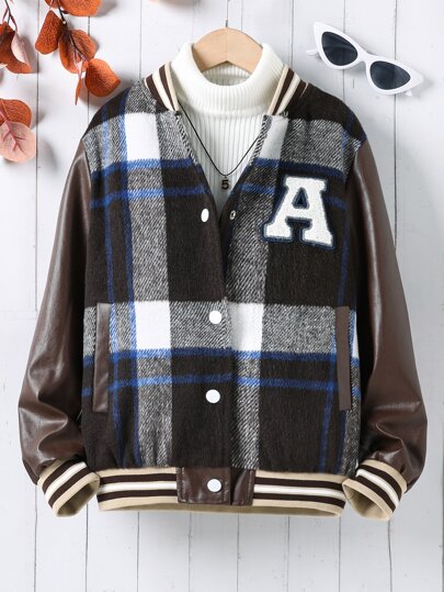 Girls 1pc Plaid Letter Patched Striped Trim Drop Shoulder Varsity Jacket