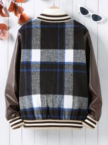 Girls 1pc Plaid Letter Patched Striped Trim Drop Shoulder Varsity Jacket - Multicolor - View 2