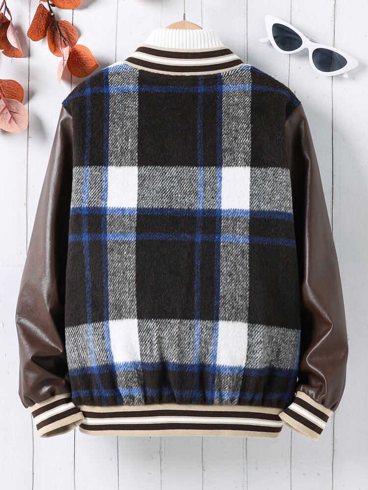 Girls 1pc Plaid Letter Patched Striped Trim Drop Shoulder Varsity Jacket