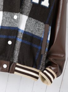 Girls 1pc Plaid Letter Patched Striped Trim Drop Shoulder Varsity Jacket - Multicolor - View 3