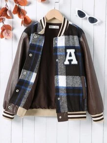 Girls 1pc Plaid Letter Patched Striped Trim Drop Shoulder Varsity Jacket - Multicolor - View 5