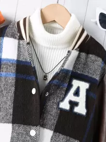 Girls 1pc Plaid Letter Patched Striped Trim Drop Shoulder Varsity Jacket - Multicolor - View 6