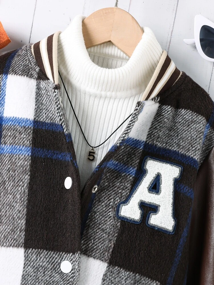 Girls 1pc Plaid Letter Patched Striped Trim Drop Shoulder Varsity Jacket