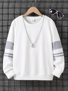 SHEIN Tween Boy College Style Round Neck Long Sleeve Sweatshirt With Contrast Striped Sleeves, Daily Casual Wear