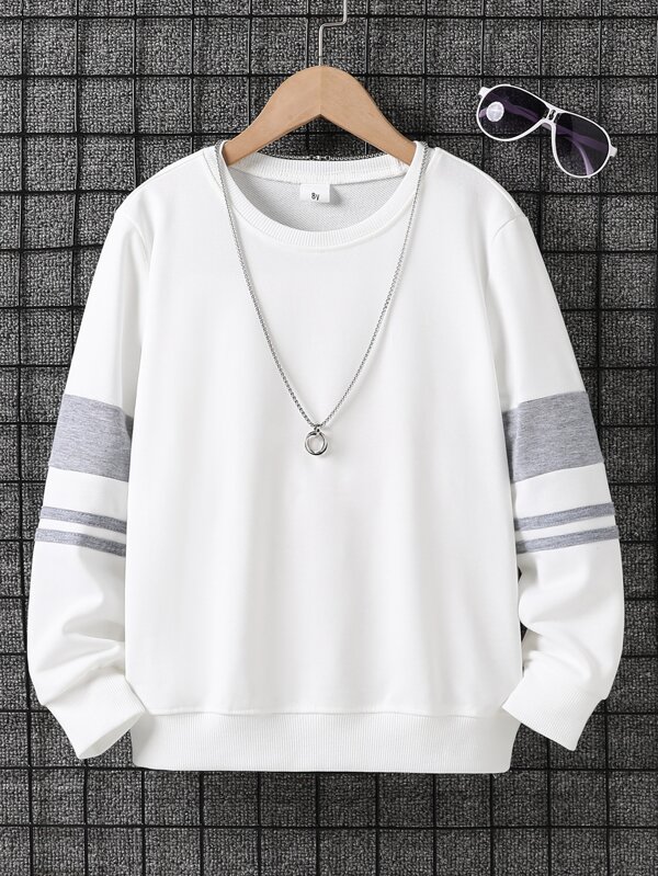 SHEIN Tween Boy College Style Round Neck Long Sleeve Sweatshirt With Contrast Striped Sleeves, Daily Casual Wear