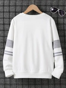 SHEIN Tween Boy College Style Round Neck Long Sleeve Sweatshirt With Contrast Striped Sleeves, Daily Casual Wear