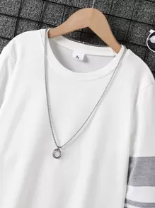 SHEIN Tween Boy College Style Round Neck Long Sleeve Sweatshirt With Contrast Striped Sleeves, Daily Casual Wear