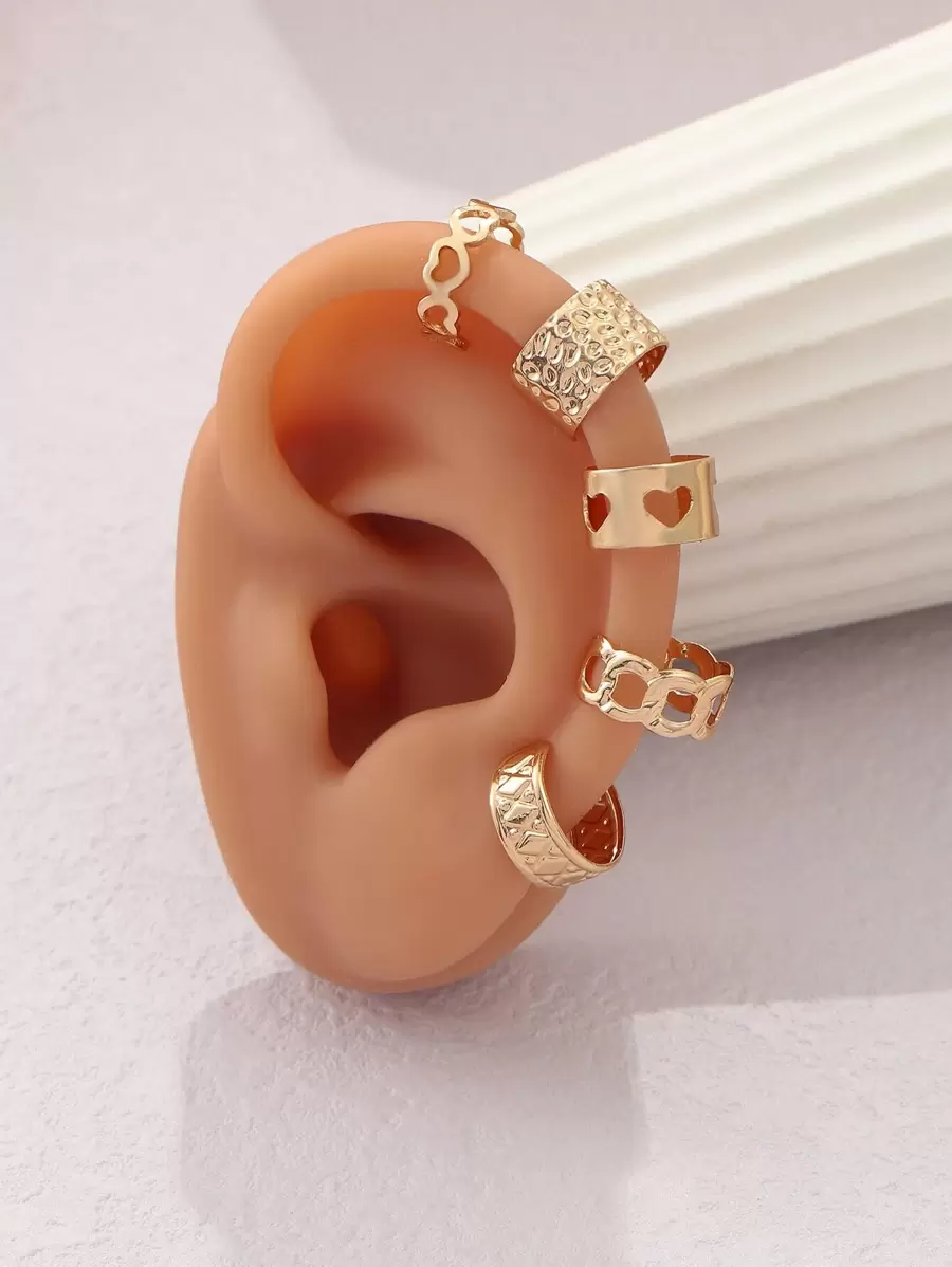 5pcs Heart & Chain Design Ear Cuff - Yellow Gold - View 1