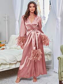 Crystal Vow Contrast Fuzzy Panel Belted Satin Robe Luxeloungewear, Fall, Winter - Pink - View 3