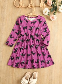 Toddler Girls Cat Print Dress - Purple - View 1