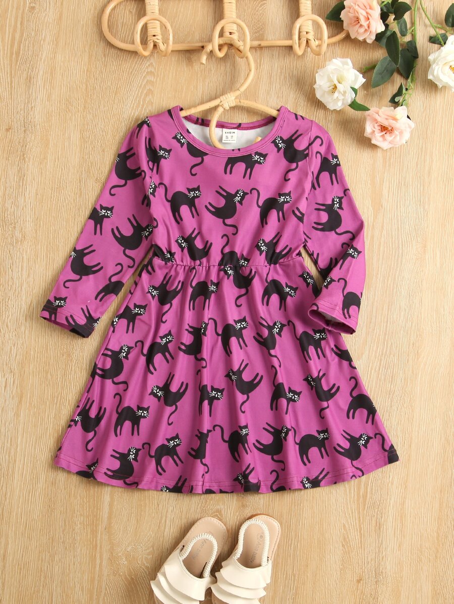Toddler Girls Cat Print Dress - Purple - View 1