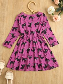 Toddler Girls Cat Print Dress - Purple - View 2