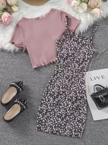 Bộ hai mảnh Gái Xù nhỏ Gân đan Thắt nơ trước Họa tiết hoa Ăn mặc đẹp - Nhiều màu - Xem 2