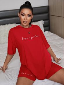 SHEIN Unity Letter Graphic Drop Shoulder Tee With Cycling Shorts - Red - View 1
