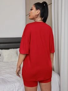 SHEIN Unity Letter Graphic Drop Shoulder Tee With Cycling Shorts - Red - View 2