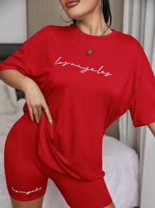 SHEIN Unity Letter Graphic Drop Shoulder Tee With Cycling Shorts - Red - View 4