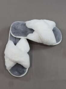 女性交叉毛茸茸舒適臥室拖鞋 - 灰色 - 查看 4