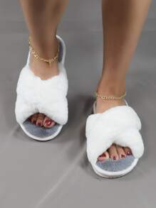 女性交叉毛茸茸舒適臥室拖鞋 - 灰色 - 查看 6