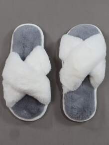 女性交叉毛茸茸舒適臥室拖鞋 - 灰色 - 查看 7