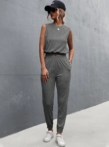 素色背心上衣和運動褲 - 深灰色 - 查看 3