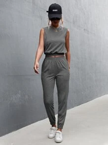 素色背心上衣和運動褲 - 深灰色 - 查看 4