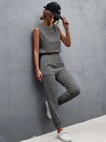 素色背心上衣和運動褲 - 深灰色 - 查看 5